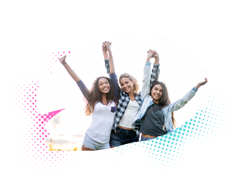 an image of three young women, arms entwined, hands raised to the sky, showing unity and strength, exuding joy and camaraderie.