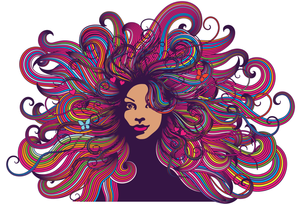 A stunning illustration of a dark complexion woman's head, her thick hair bursting with a kaleidoscope of colors. Shades of blue, purple, and pink swirl together in a mesmerizing pattern, with hues of indigo and violet adding depth and dimension. Each strand of hair seems to shimmer with an iridescent glow, as if infused with the magic of the rainbow. The woman's confident gaze meets the viewer's eye, her beauty and individuality radiating like a beacon of self-expression and pride.