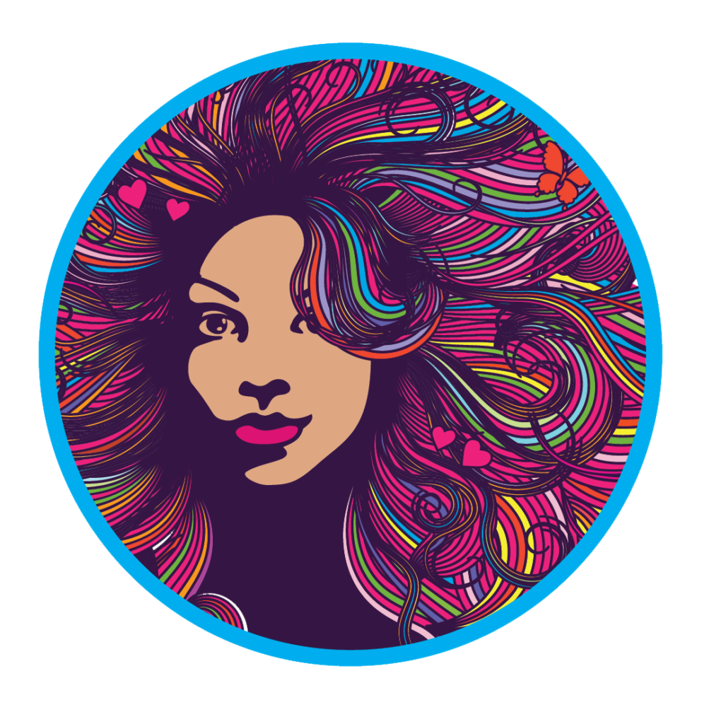 A stunning illustration of a dark complexion woman's head, her thick hair bursting with a kaleidoscope of colors. Shades of blue, purple, and pink swirl together in a mesmerizing pattern, with hues of indigo and violet adding depth and dimension. Each strand of hair seems to shimmer with an iridescent glow, as if infused with the magic of the rainbow. The woman's confident gaze meets the viewer's eye, her beauty and individuality radiating like a beacon of self-expression and pride.
