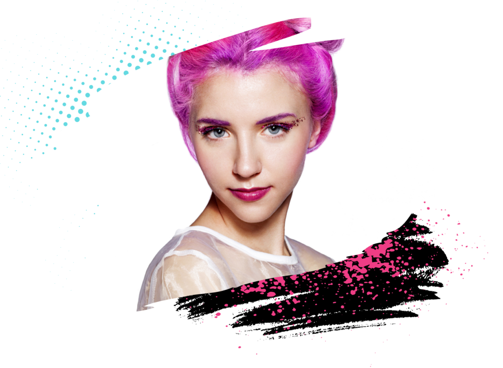 A headshot of a young beautiful woman with vibrant pink hair, delicate complexion, bold lips and expressive eyes.